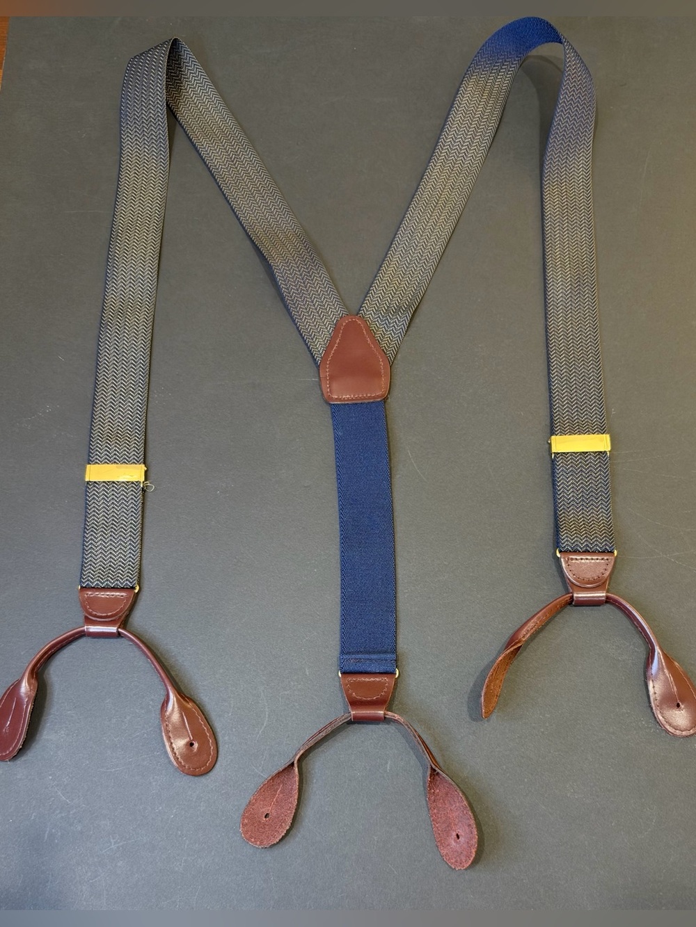 VTG 1980s Navy Silk Herringbone Suspenders Braces Y-Back Brown Leather England